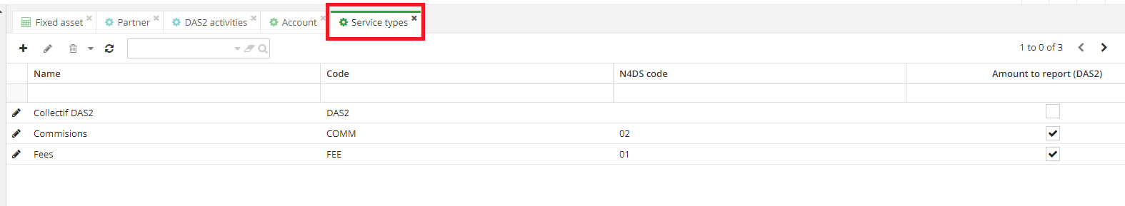 1.5. Service type list (Accounting → Configuration → Financial → Service type DAS2).